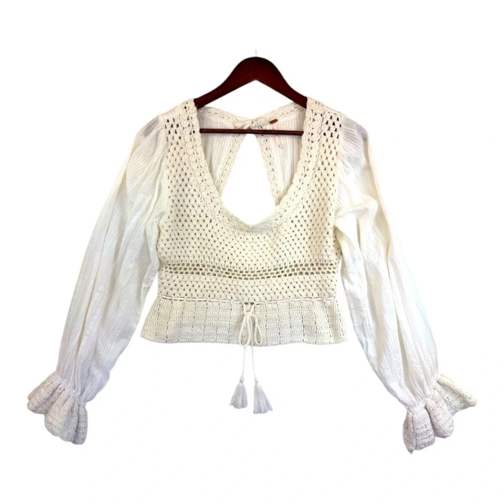 Free People Meghan Crochet Long Sleeve Boho Crop Top XS Cream‎ Ivory Festival